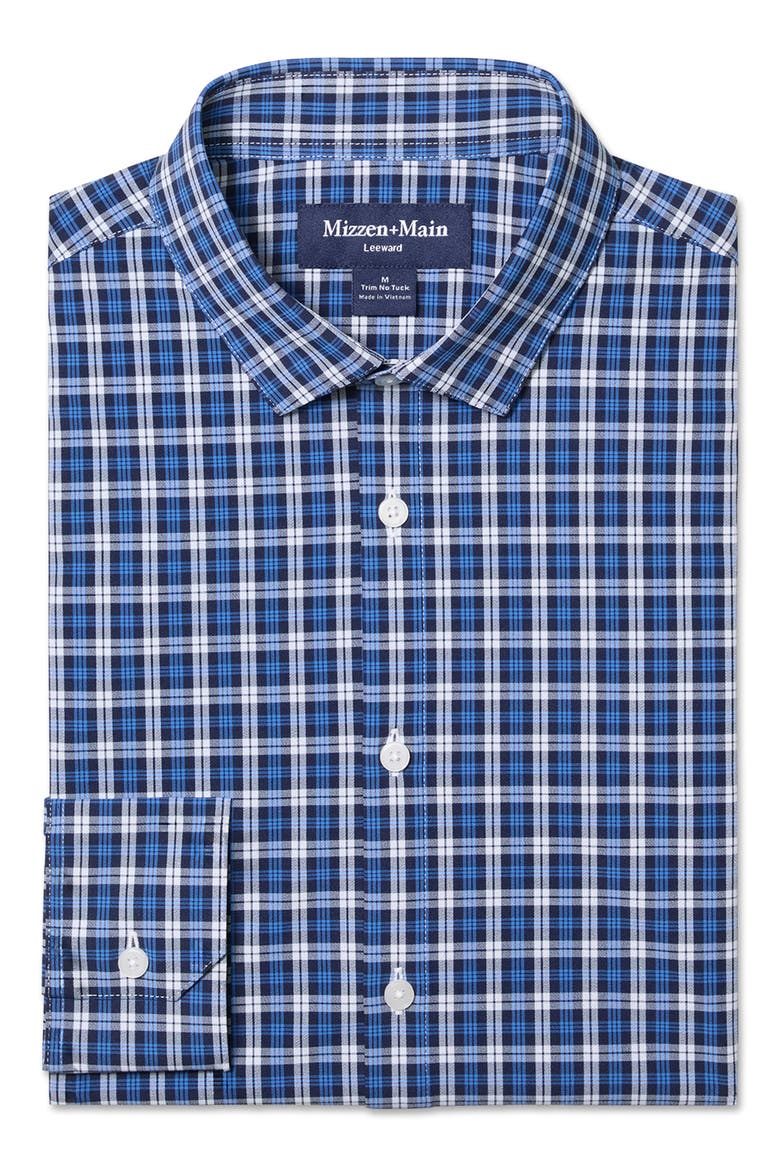 Leeward Trim Fit Navy Plaid No Tuck Button-Up Shirt, Alternate, color, COBALT CAYDEN PLAID