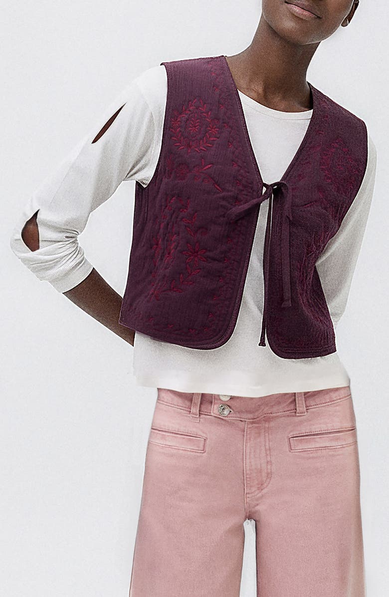 MANGO TEEN Floral Embroidered Cotton Vest, Main, color, Burgundy