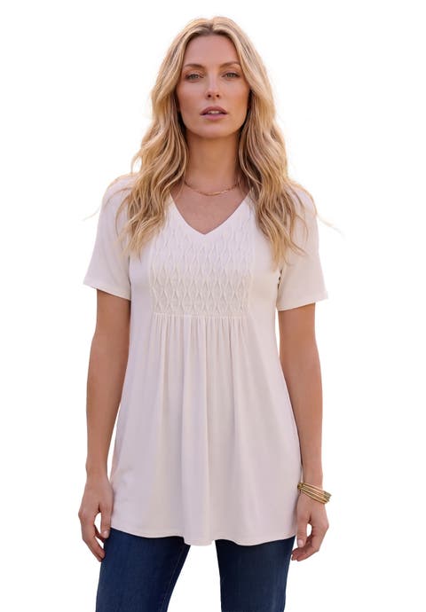 Plus Size V Neck Smocked Yoke A Line Tunic
