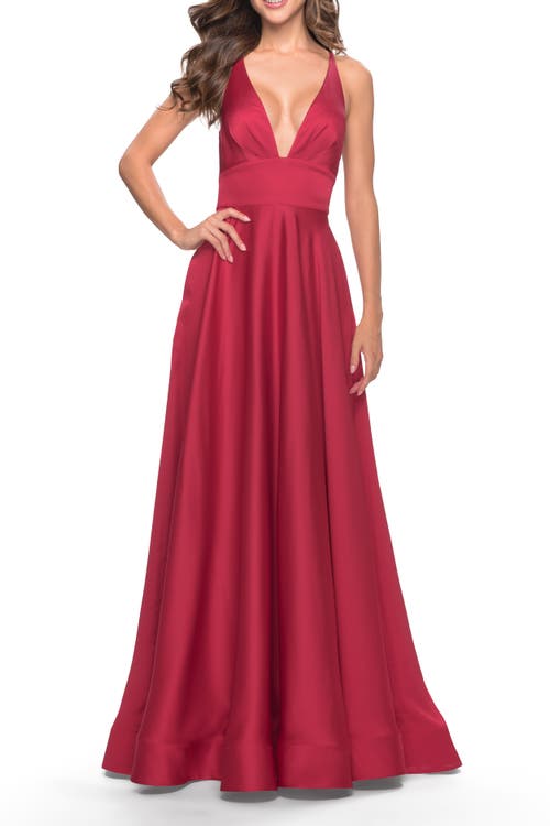 La Femme A-line Satin Gown With Deep V And Slit