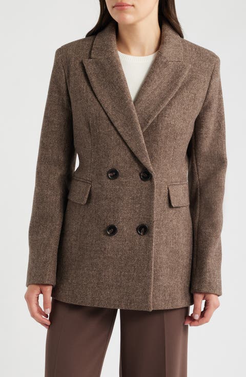 Herringbone Wool Double Breasted Coat
