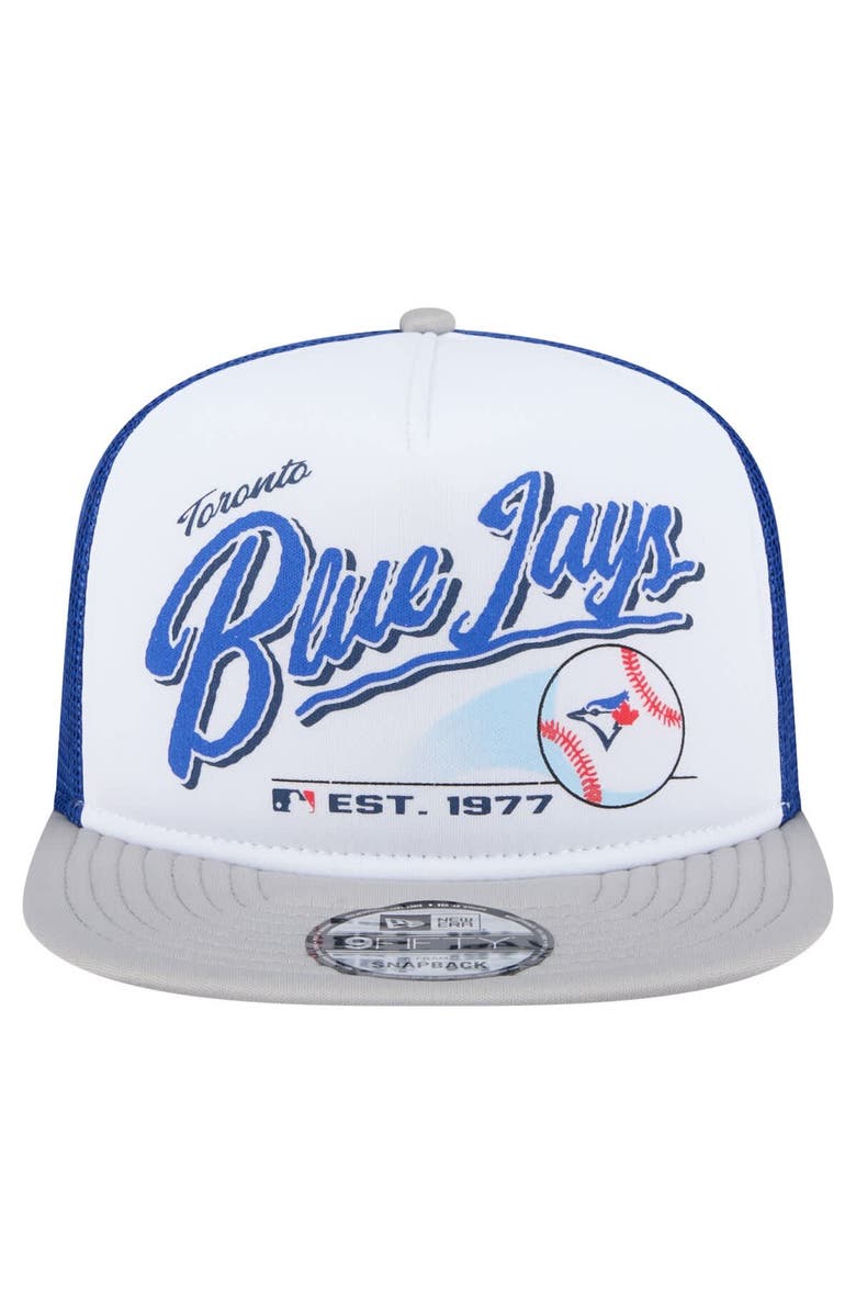 New Era Men's New Era White/Gray Toronto Blue Jays Retro Script Trucker 9FIFTY Snapback Hat, Alternate, color, White