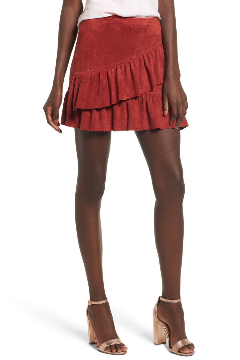 Faux Suede Ruffle Miniskirt, Main, color, TERRACOTTA