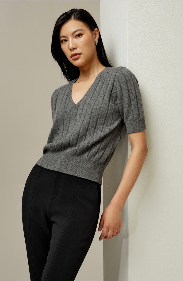 Lilysilk V-Neck Cashmere T-shirt, Alternate, color, Medium Gray