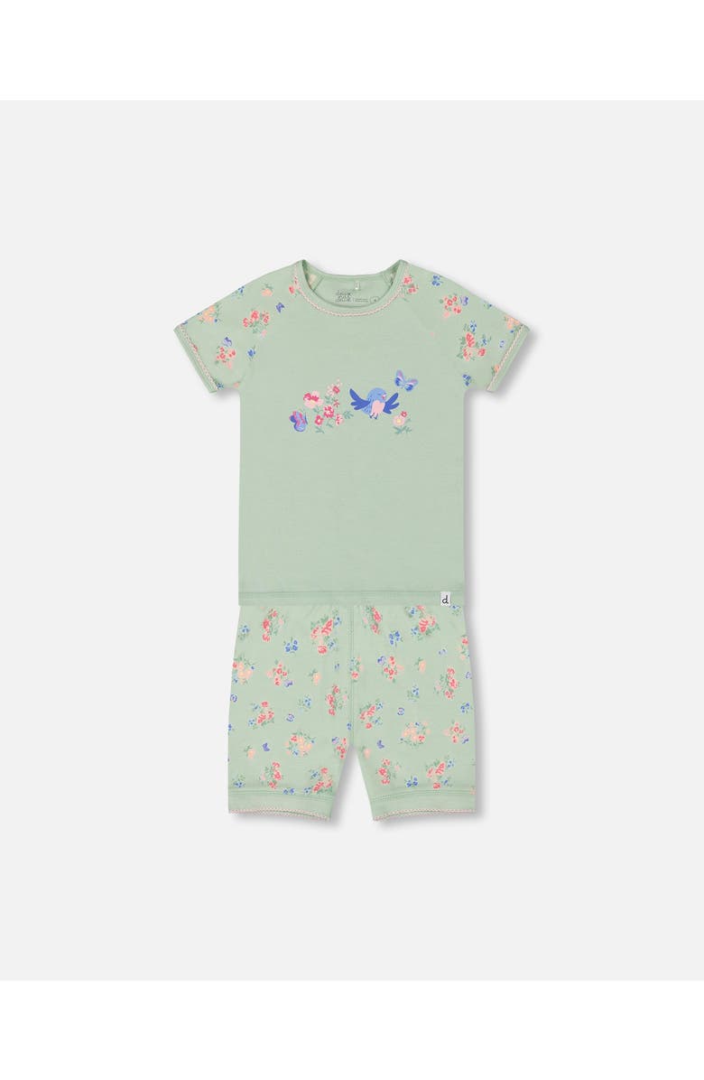 Deux par Deux Girl's Organic Cotton Two-Piece Short Pajama Set Small Pink And Blue Flowers On Light Sage, Main, color,