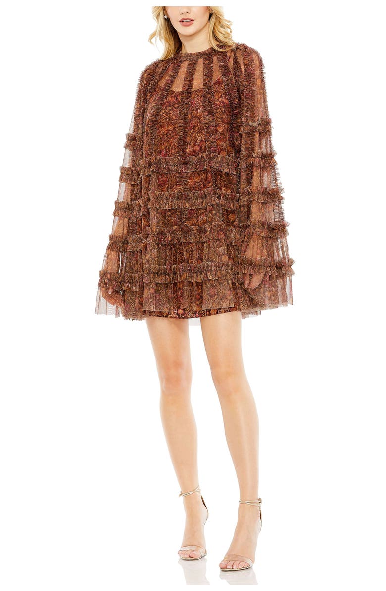 Mac Duggal Floral Print Long Flare Sleeve Mesh A-Line Dress, Main, color, Brown Multi
