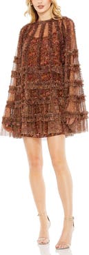 Mac Duggal Floral Print Long Flare Sleeve Mesh A-Line Dress