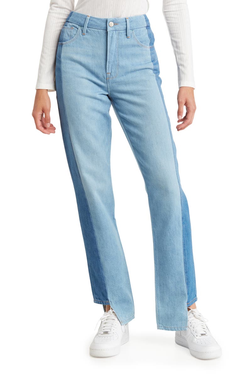 Good American Good Boy Two-Tone Step Hem High Waist Boyfriend Jeans, Main, color, 