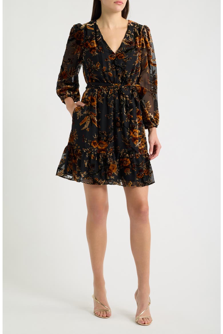 V-Neck Balloon Sleeve Minidress, Main, color, BLACK COGNAC