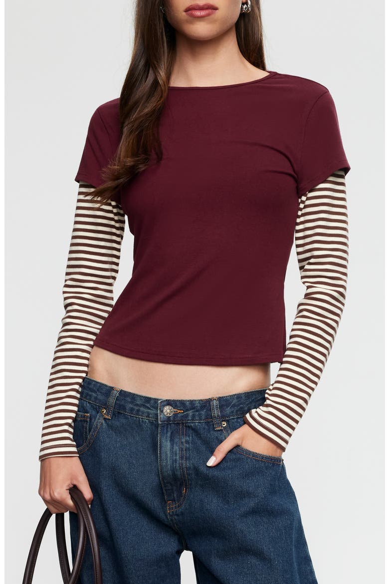 Bloom Layered Long Sleeve T-Shirt, Main, color, GARNET STRIPE