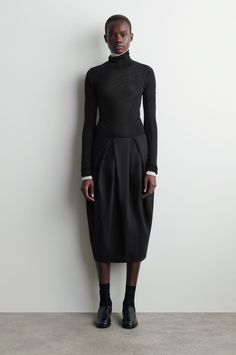 Pleated Wool Midi Tulip Skirt, Main, color, BLACK
