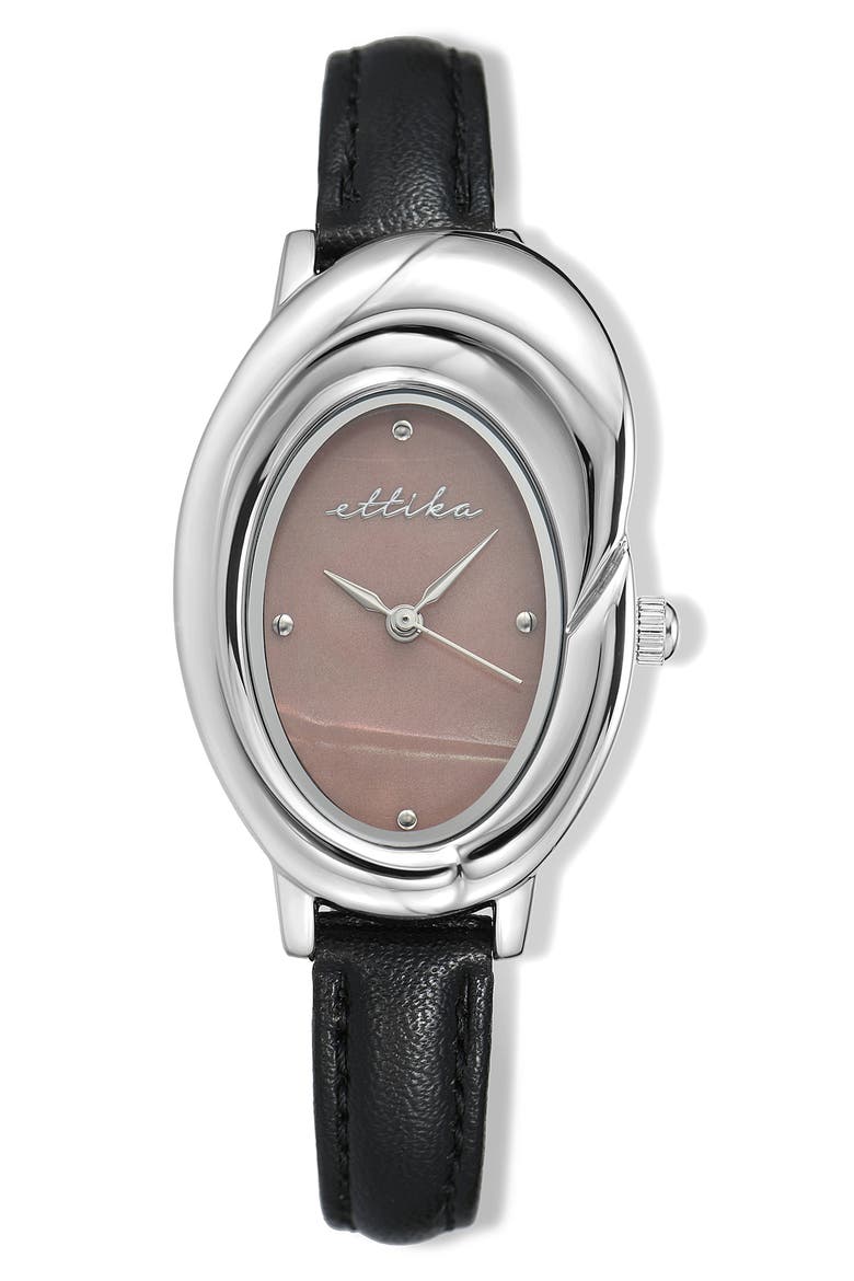 Sculpted Oval Leather Strap Watch, Main, color, BLACK AND SILVER