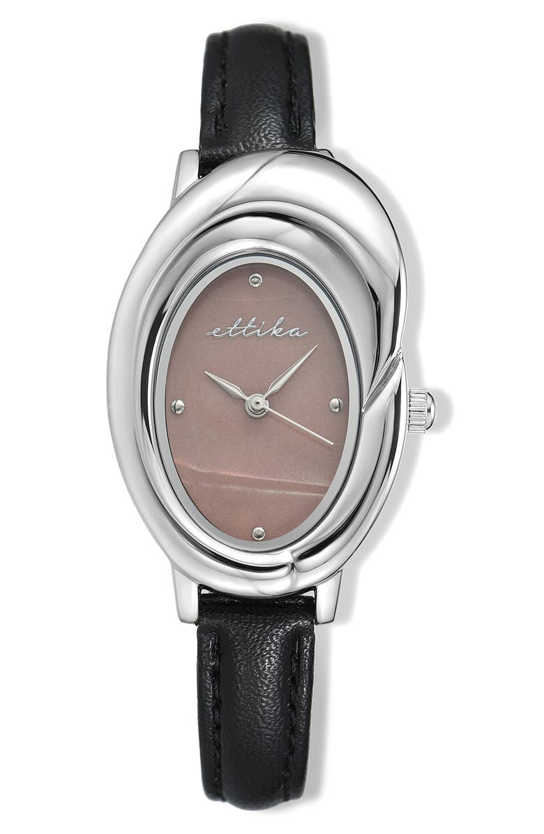 Ettika Sculpted Oval Leather Strap Watch, Main, color, Black And Silver