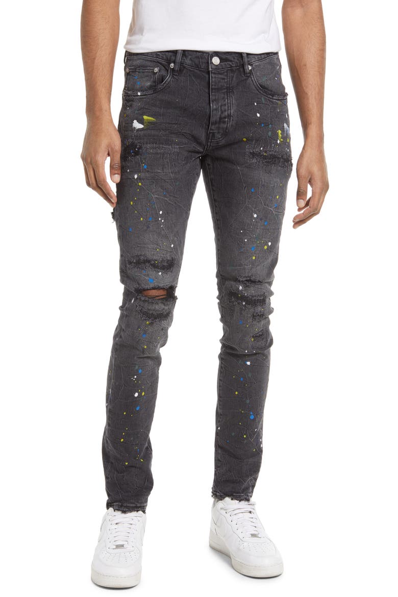 PURPLE Paint Splatter Ripped Knee Skinny Jeans, Main, color, BLACK REFLECTIVE REPAIR W/PAINT