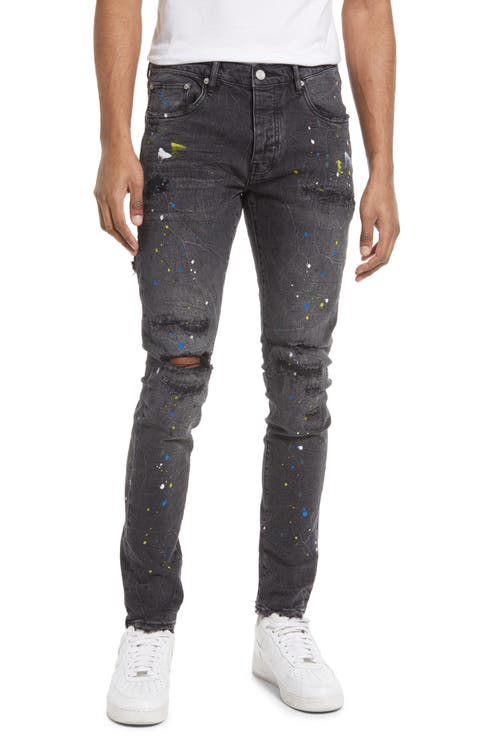 PURPLE Paint Splatter Ripped Knee Skinny Jeans (Black Reflective Repair Paint)