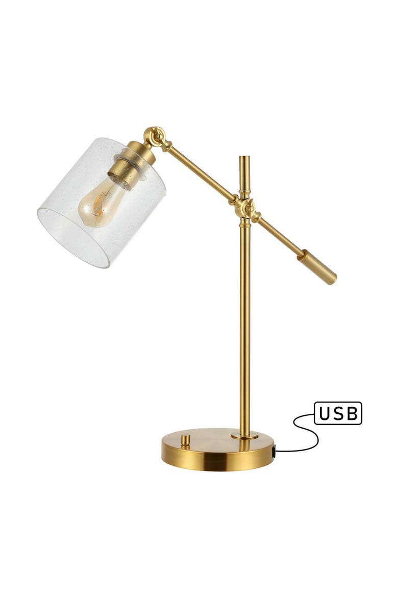 Kathryn Classic 23" Iron/Seeded Glass Adjustable Head Modern USB Charging LED Task Lamp, Brass Gold, Main, color, Brass Gold