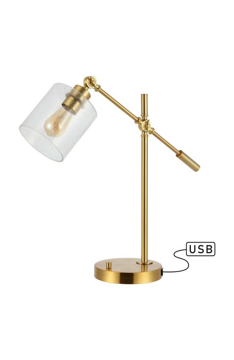 Kathryn Classic 23" Iron/Seeded Glass Adjustable Head Modern USB Charging LED Task Lamp, Brass Gold