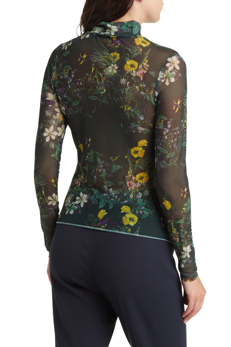 Kellina Floral Print Mesh Turtleneck Top, Alternate, color, BLACK
