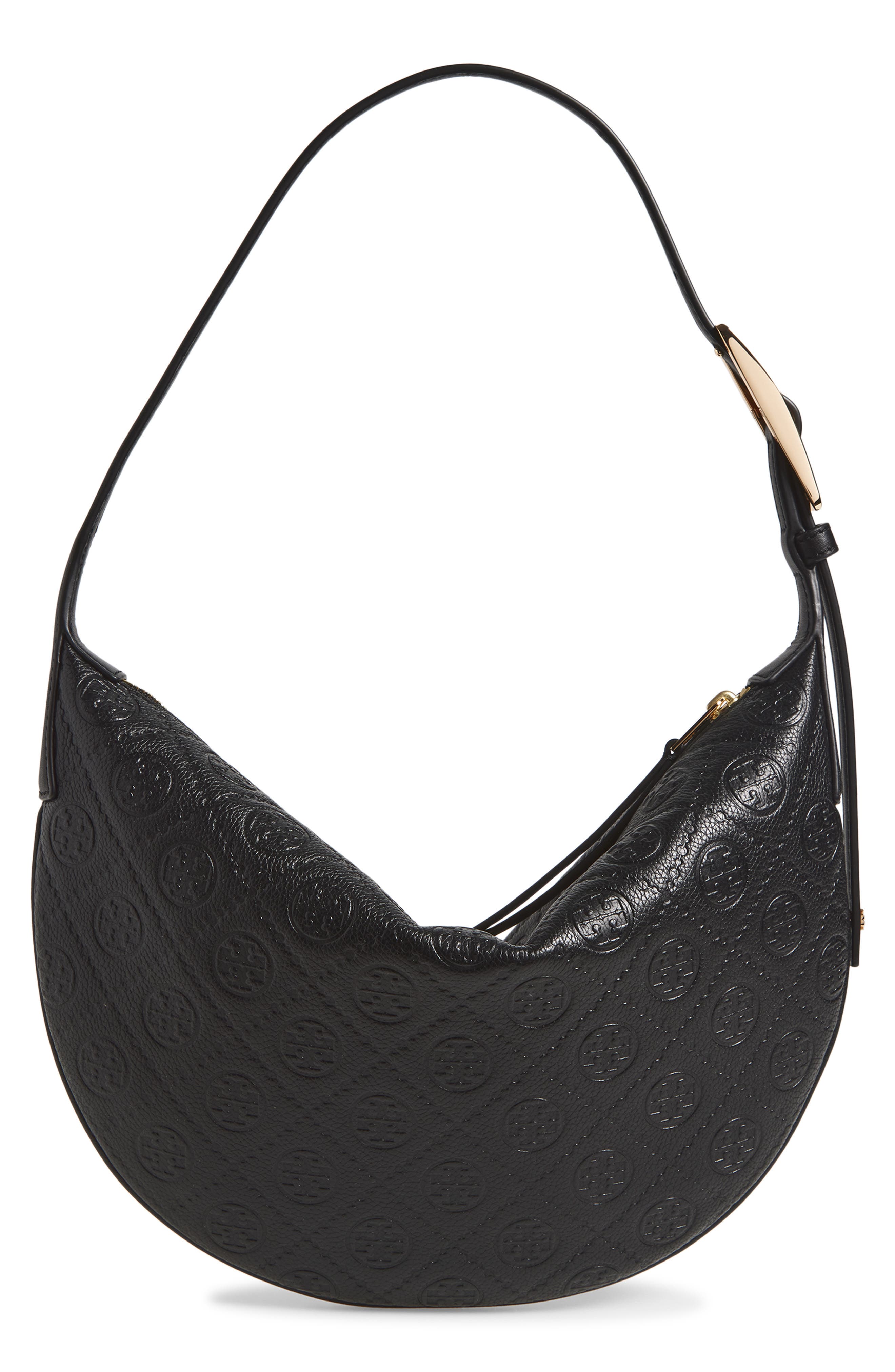 Tory Burch Small T Monogram Pebble Leather Balloon Bag, Alternate, color, Black