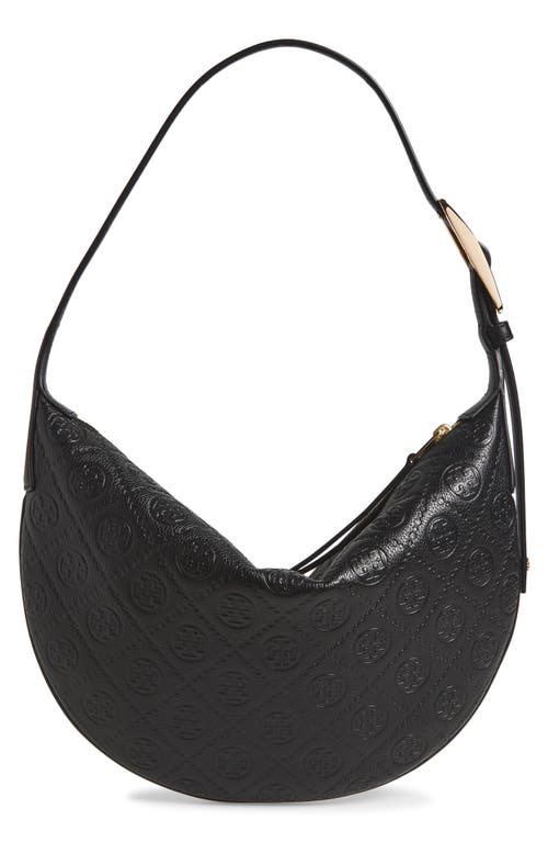 Tory Burch Small T Monogram Pebble Leather Balloon Bag In Black