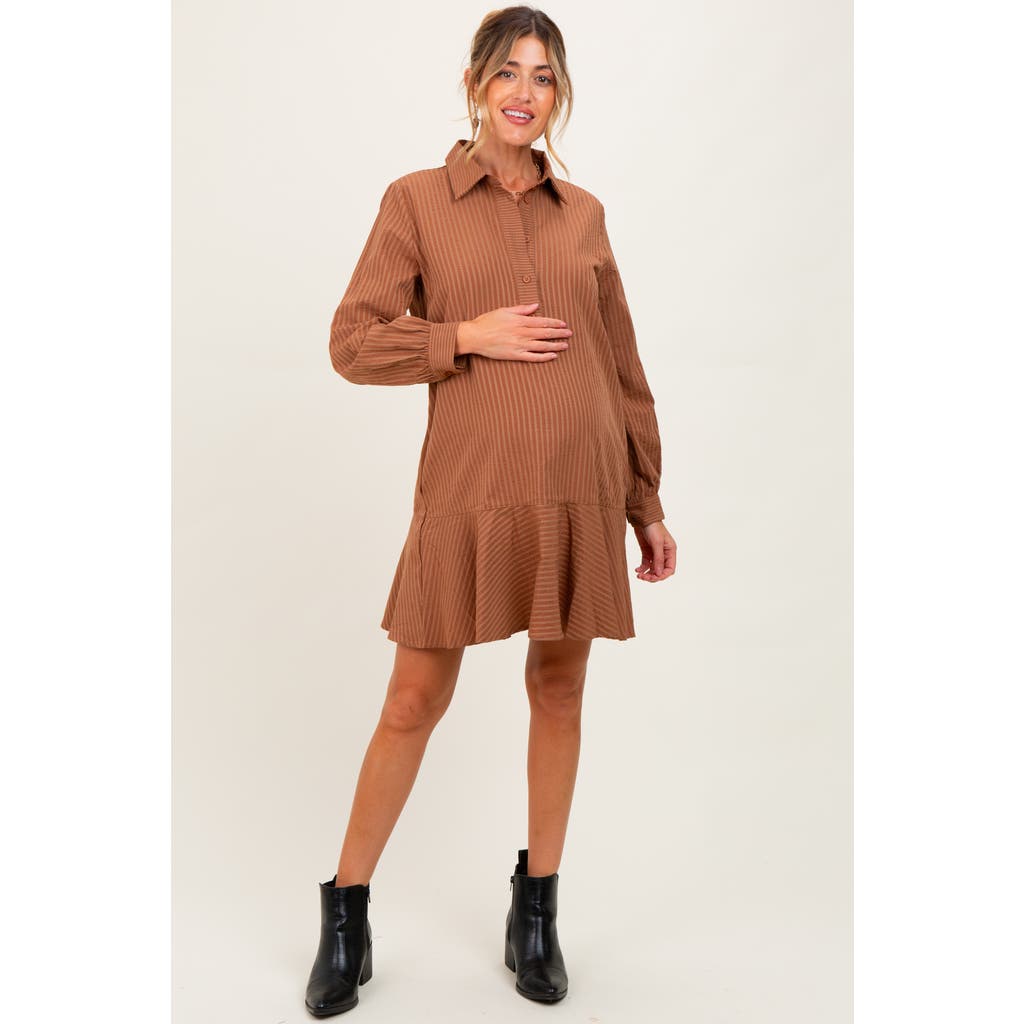 Pinkblush Striped Long Sleeve Drop Waist Polo Dress In Brown