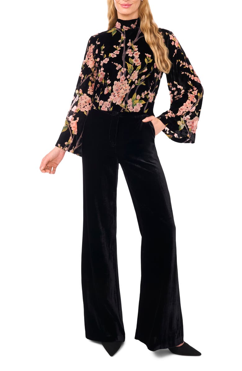 Ted Baker Nelle Floral Flare Sleeve Mock Neck Top, Alternate, color, Rich Black