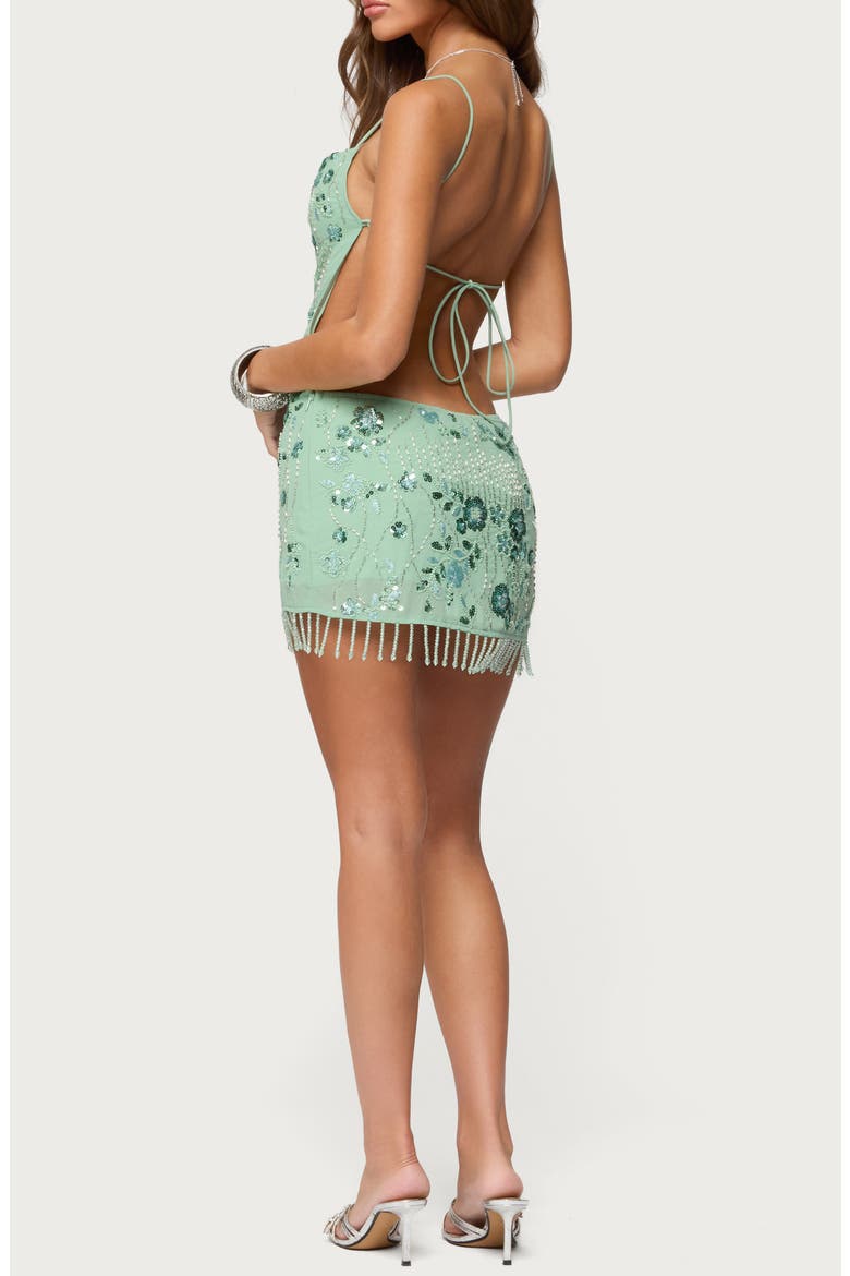 Beaded Fringe Backless Minidress, Alternate, color, SAGE