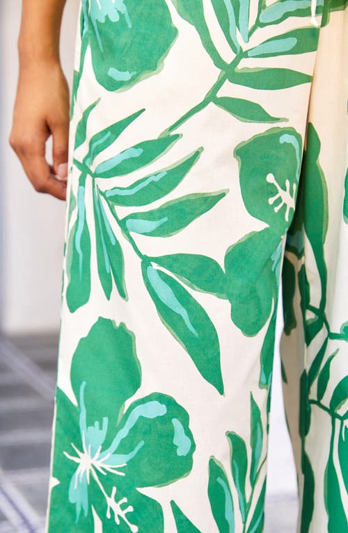Karen Kane Floral Wide Leg Cotton Drawstring Pants In Green