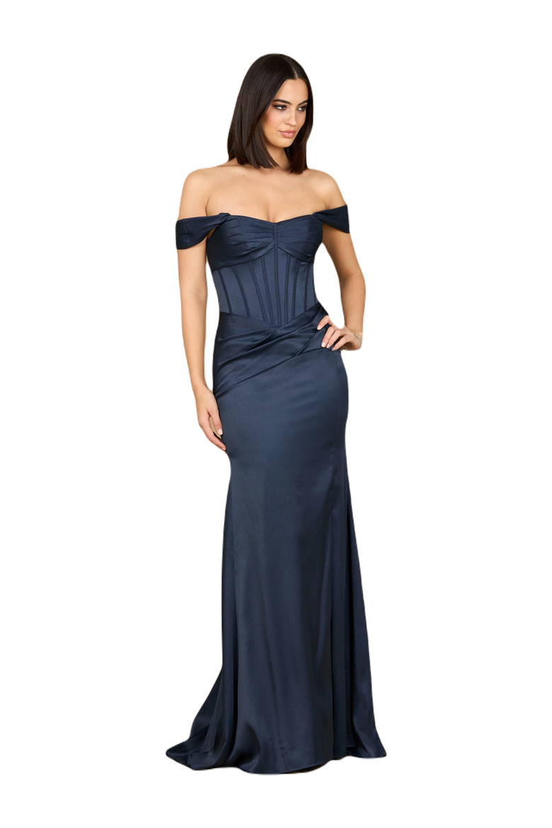 Sleeveless Corset Gown, Alternate, color, Navy