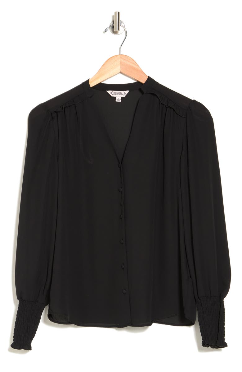 Nanette Lepore Smocked Cuff Split Neck Blouse, Alternate, color, 