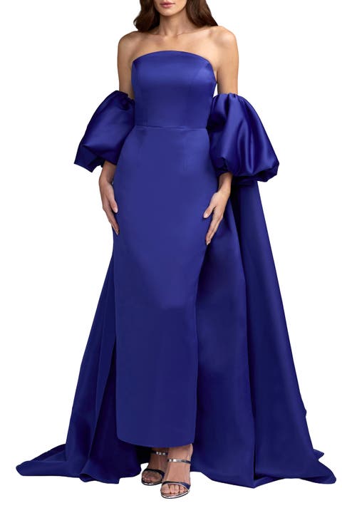 Strapless Puff Sleeve Satin Gown With Cape