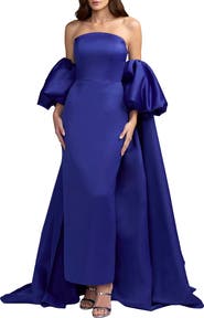 Mac Duggal Strapless Puff Sleeve Satin Gown With Cape