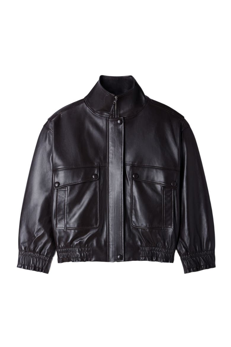 Standing collar leather jacket, Alternate, color, Black brown