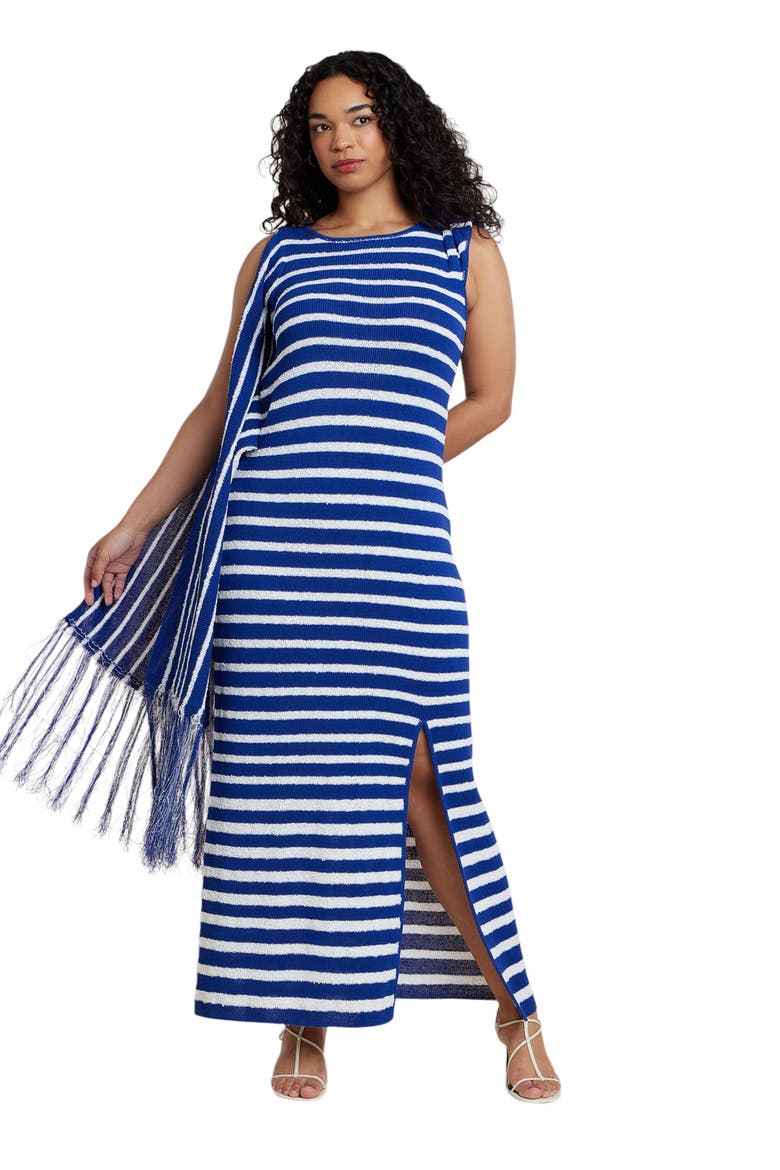 Fringe Detail Striped Knit Maxi Dress, Main, color, BLUE WHITE STRIPE