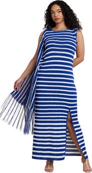 ELOQUII Fringe Detail Striped Knit Maxi Dress
