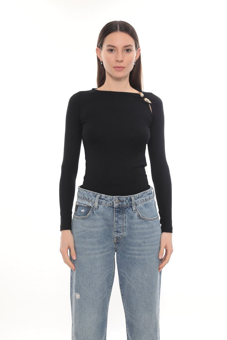 Gold Detail Long Sleeve Stretch Cielo Top, Alternate, color, Black
