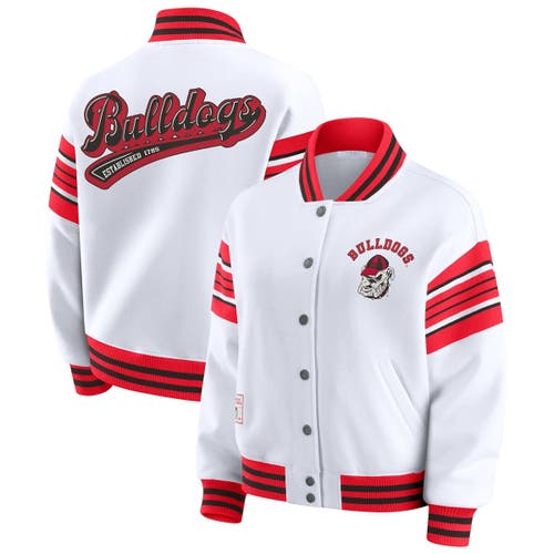 Wear By Erin Andrews Women's White/red Georgia Bulldogs Satin Stitch Full-snap Fleece Sweatshirt Jacket In White