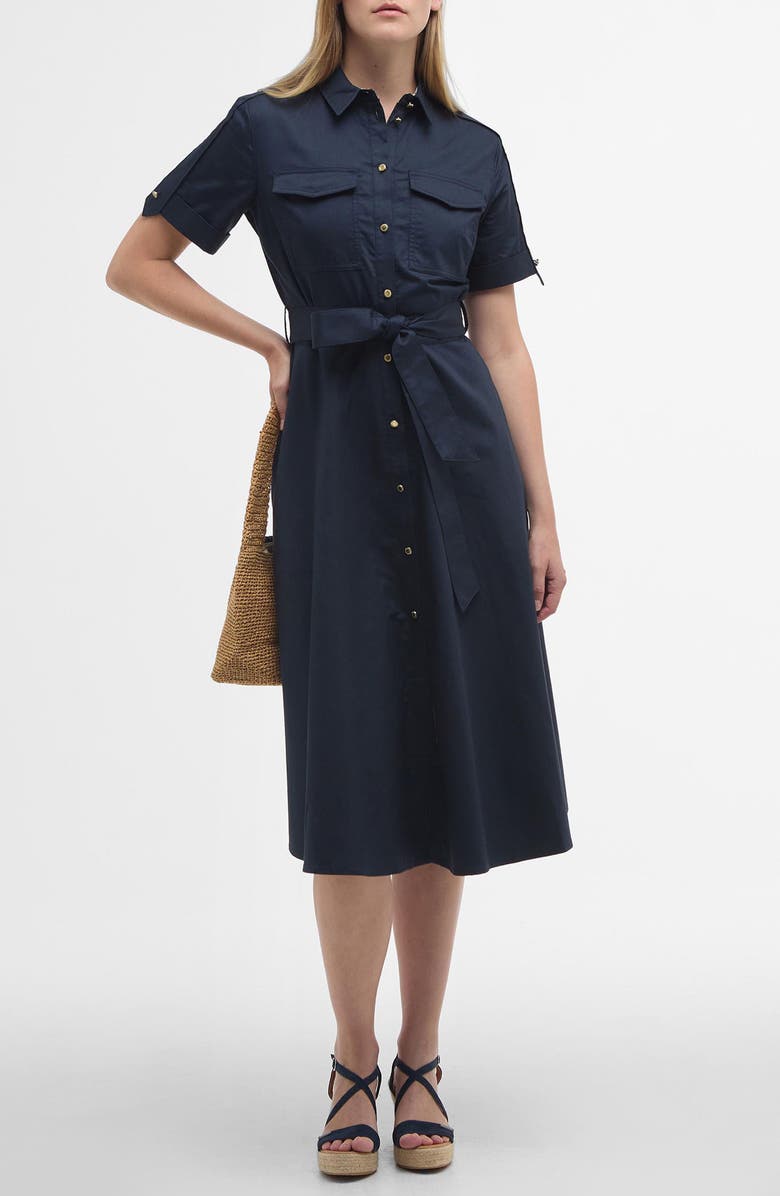 Barbour Ivy Short Sleeve Cotton Sateen Shirtdress, Main, color, Dark Navy