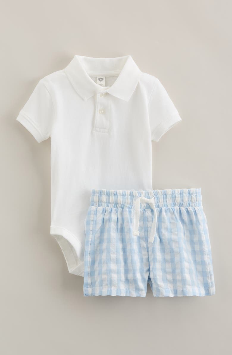 Nordstrom Cotton Polo Bodysuit & Shorts Set, Main, color, White- Blue Gingham