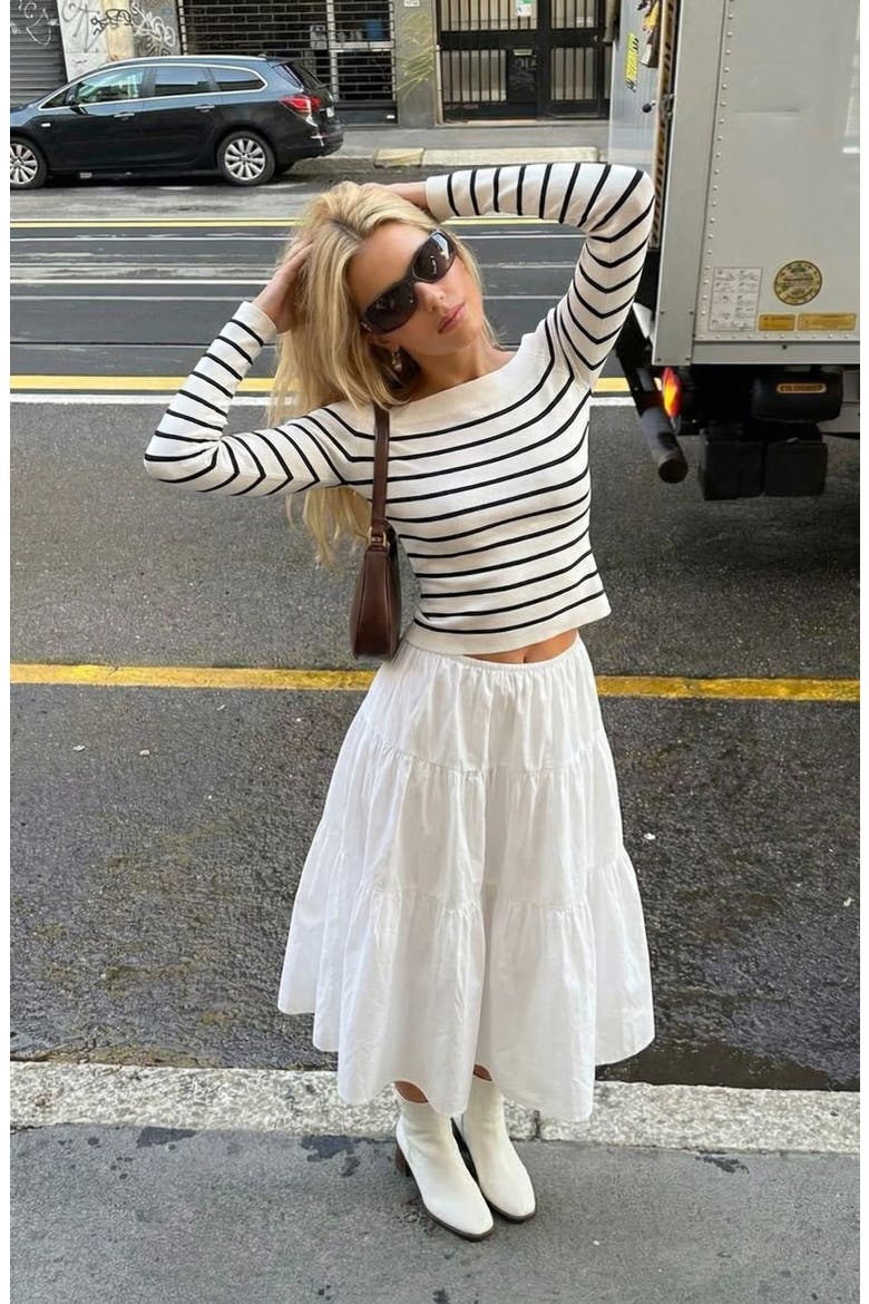 Off the Shoulder Striped Knit Top, Alternate, color, White / Black Stripes