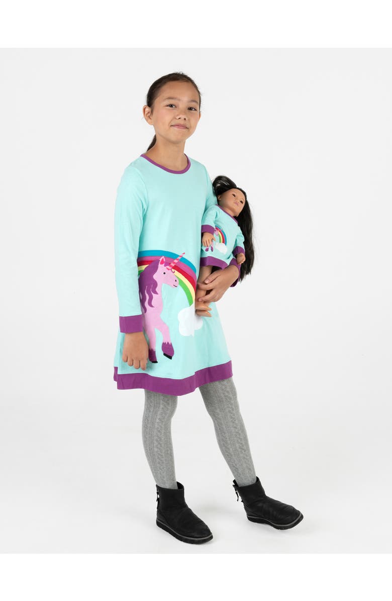 Leveret Girls Cotton Dress with Matching Doll Dress, Printed Design, Main, color, Aqua Unicorn