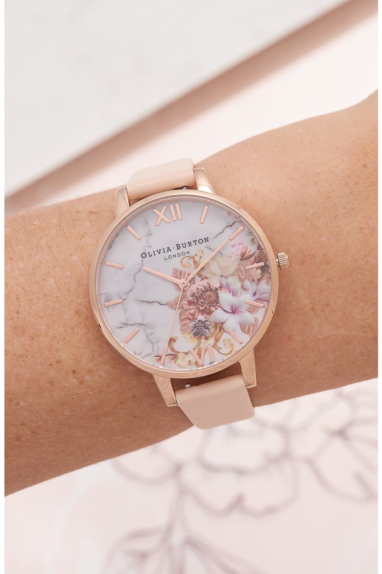 Marble Floral Leather Strap Watch, 38mm, Alternate, color, NUDE PEACH/ FLORAL/ ROSE GOLD