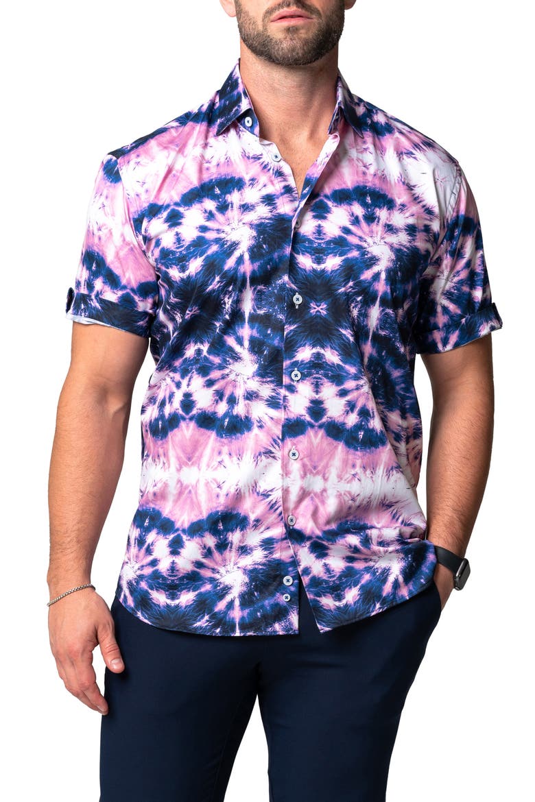 Galileo Tie Dye Stars Short Sleeve Cotton Button-Up Shirt, Main, color, BLUE