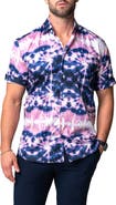 Maceoo Galileo Tie Dye Stars Short Sleeve Cotton Button-Up Shirt