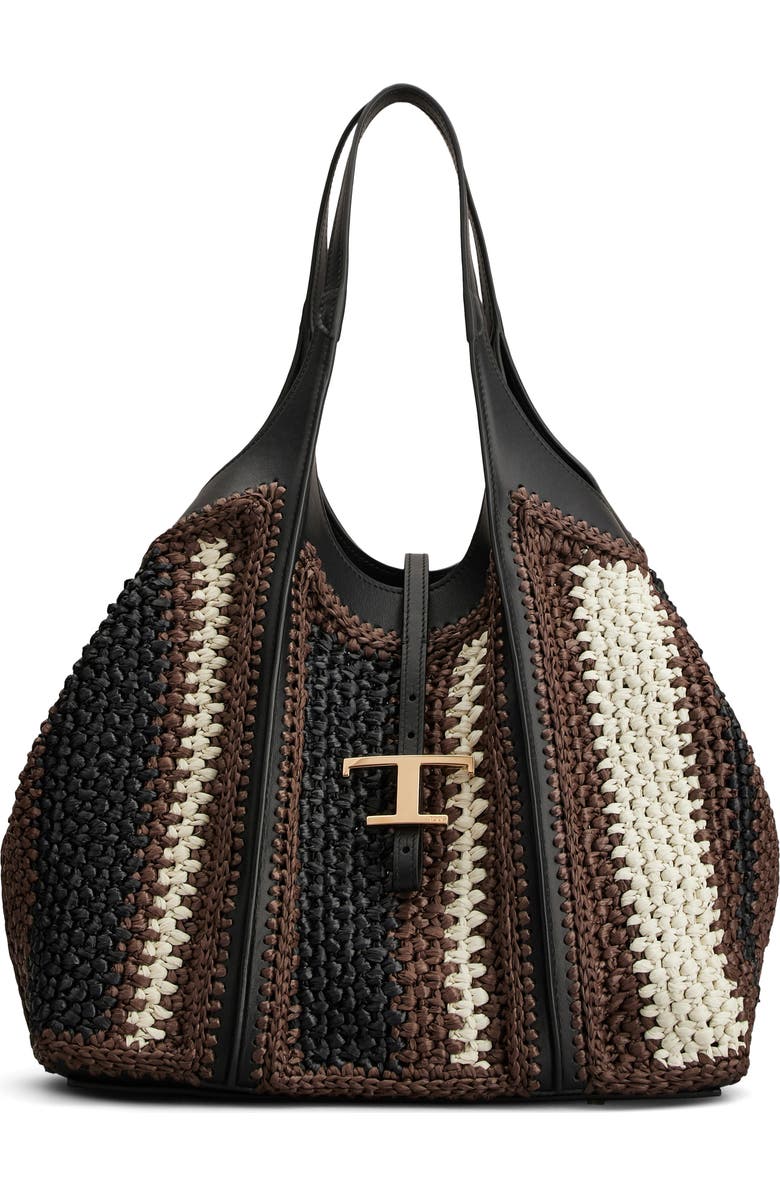 Tod
s Medium T Timeless Crochet Raffia
Leather Shopping Bag, Main, color, T.moro/ Nero/ Mastice