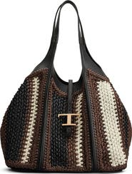 Tod's Medium T Timeless Crochet Raffia & Leather Shopping Bag