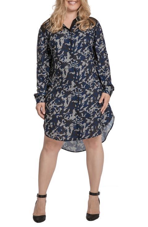 Camo Chiffon Long Sleeve Shirtdress (Plus)