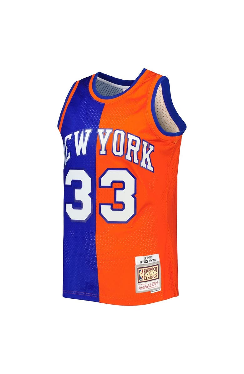 Mitchell & Ness Men's Mitchell & Ness Patrick Ewing Blue/Orange New York Knicks Hardwood Classics 1991/92 Split Swingman Jersey, Alternate, color, 