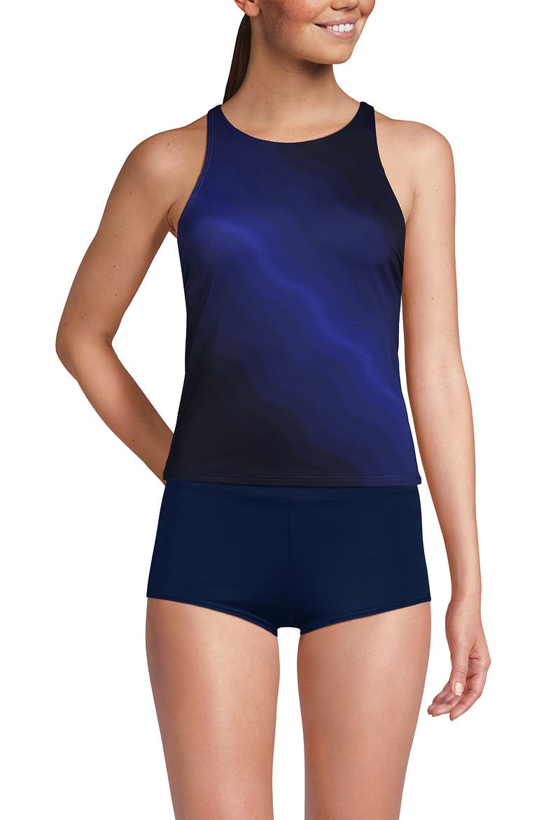 Plus Size DDD-Cup Tugless High Neck Strappy Back Tankini Swimsuit Top, Main, color, Blue Wavy Ombre