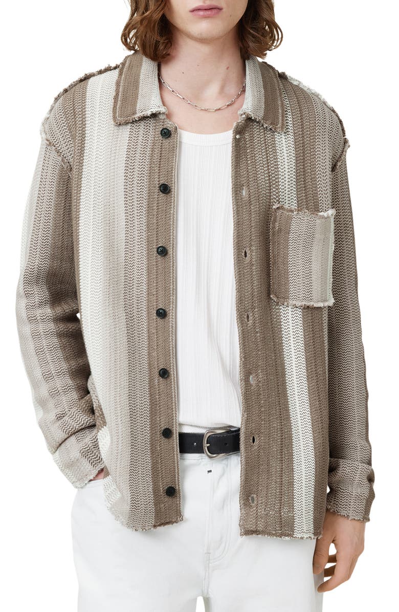 AllSaints Truck Stripe Knit Shirt Jacket, Main, color, Plaster Taupe